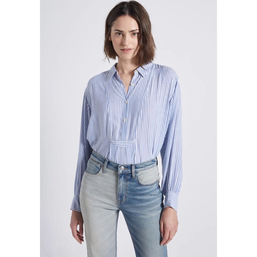 CURRENT/ELLIOTT • The Emmy Striped Half-Placket Long Sleeve Blouse, 2 - Picture 1 of 16